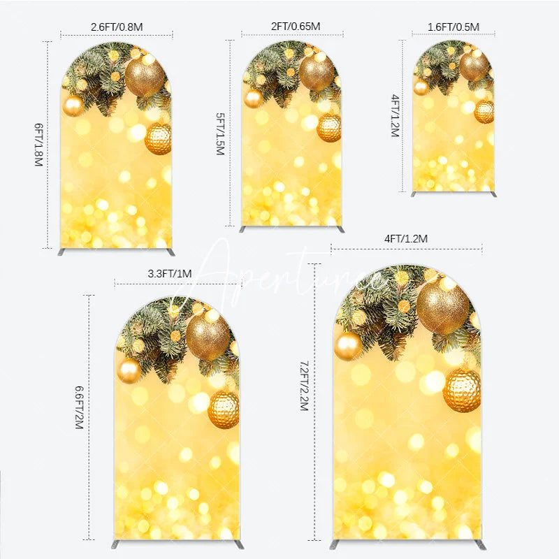 Aperturee - Aperturee Golden Glitter Christmas Ornaments and Fir Branches Round Top Arch Backdrop Festive Holiday Party Decor