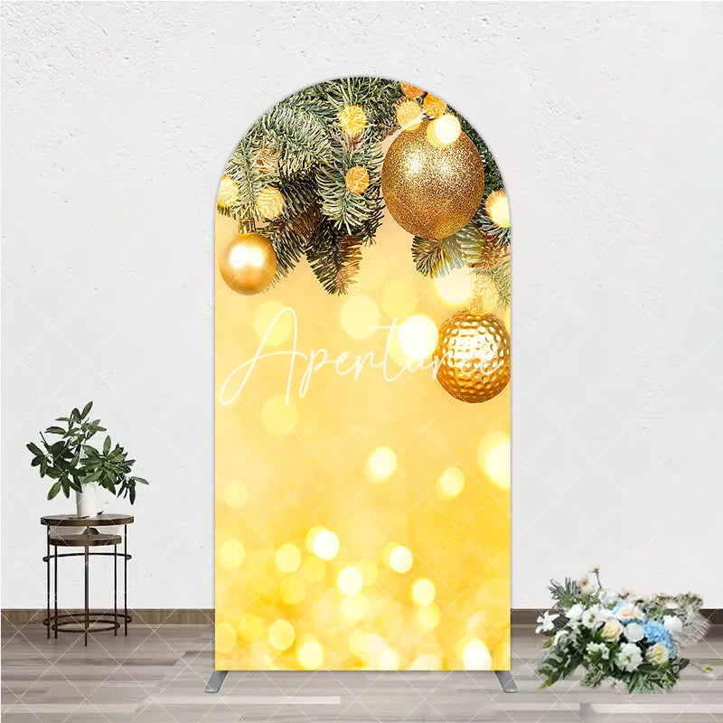 Aperturee - Aperturee Golden Glitter Christmas Ornaments and Fir Branches Round Top Arch Backdrop Festive Holiday Party Decor