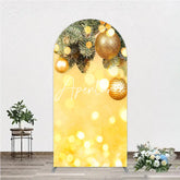 Aperturee - Aperturee Golden Glitter Christmas Ornaments and Fir Branches Round Top Arch Backdrop Festive Holiday Party Decor