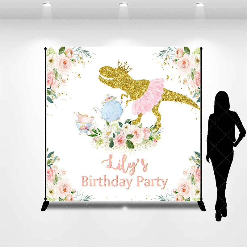 Aperturee - Aperturee Golden Glitter Dinosaur with Pink Tutu and Crown Custom Backdrop Personalized Tea Party Birthday Decoration for Girls