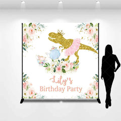 Aperturee - Aperturee Golden Glitter Dinosaur with Pink Tutu and Crown Custom Backdrop Personalized Tea Party Birthday Decoration for Girls