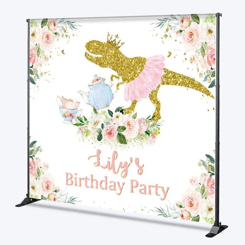 Aperturee - Aperturee Golden Glitter Dinosaur with Pink Tutu and Crown Custom Backdrop Personalized Tea Party Birthday Decoration for Girls