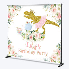 Aperturee - Aperturee Golden Glitter Dinosaur with Pink Tutu and Crown Custom Backdrop Personalized Tea Party Birthday Decoration for Girls