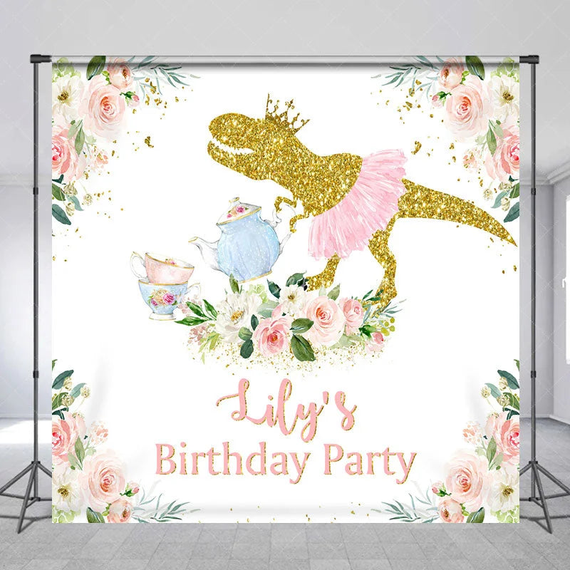 Aperturee - Aperturee Golden Glitter Dinosaur with Pink Tutu and Crown Custom Backdrop Personalized Tea Party Birthday Decoration for Girls