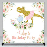 Aperturee - Aperturee Golden Glitter Dinosaur with Pink Tutu and Crown Custom Backdrop Personalized Tea Party Birthday Decoration for Girls