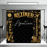Aperturee - Aperturee Golden Glitter Happy Retirement Celebration Party Holiday Backdrop with Travel Elements and Champagne