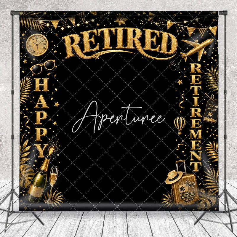 Aperturee - Aperturee Golden Glitter Happy Retirement Celebration Party Holiday Backdrop with Travel Elements and Champagne