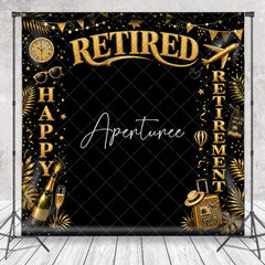 Aperturee - Aperturee Golden Glitter Happy Retirement Celebration Party Holiday Backdrop with Travel Elements and Champagne