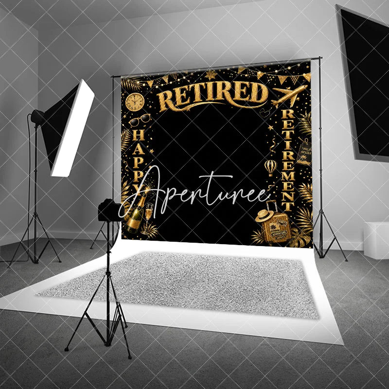Aperturee - Aperturee Golden Glitter Happy Retirement Celebration Party Holiday Backdrop with Travel Elements and Champagne