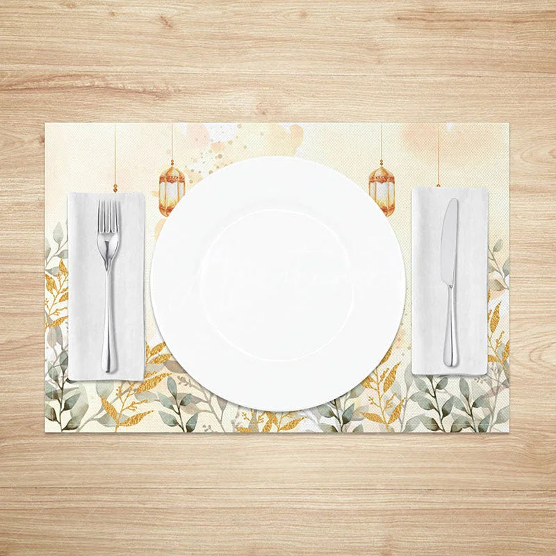 Aperturee - Aperturee Golden Glitter Leaves and Moon Set of 4 Placemats Ramadan Eid Mubarak Lanterns Dining Table Mats for Home
