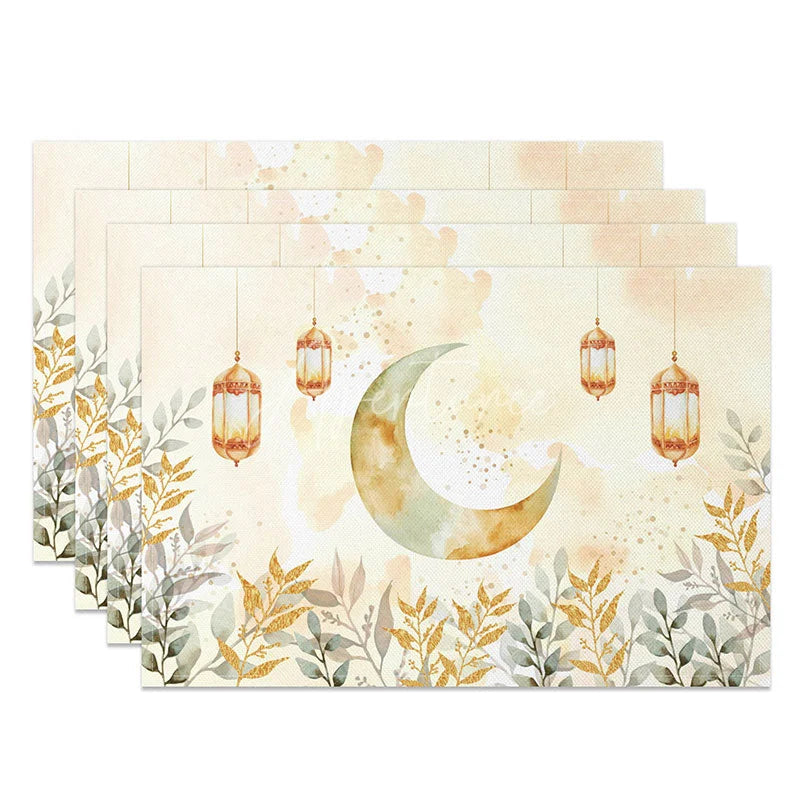 Aperturee - Aperturee Golden Glitter Leaves and Moon Set of 4 Placemats Ramadan Eid Mubarak Lanterns Dining Table Mats for Home