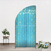 Aperturee - Aperturee Golden Glitter String Lights Teal Wooden Half Moon Arch Backdrop Festive Party Celebration Decor