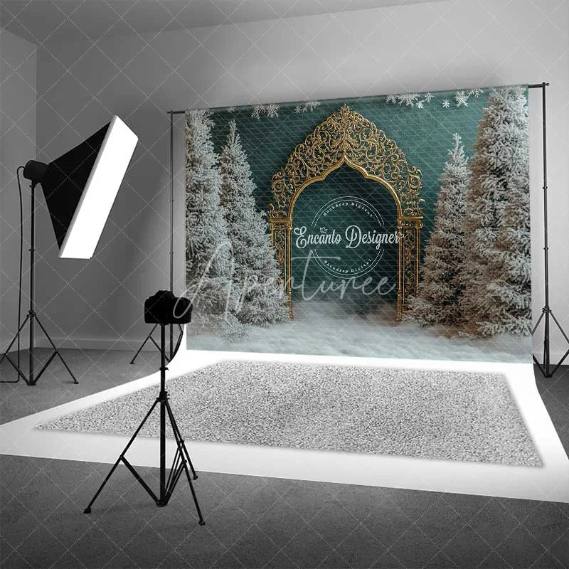 Aperturee - Aperturee Golden Gothic Arch Christmas Backdrop Snowy Forest Green Wall Photography Background