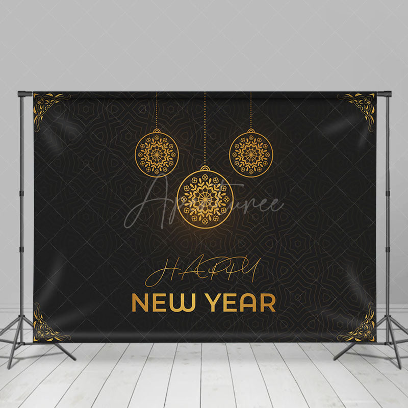 Aperturee - Aperturee Golden Hanging Ball Black Happy New Year Backdrop