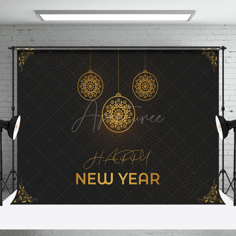 Aperturee - Aperturee Golden Hanging Ball Black Happy New Year Backdrop