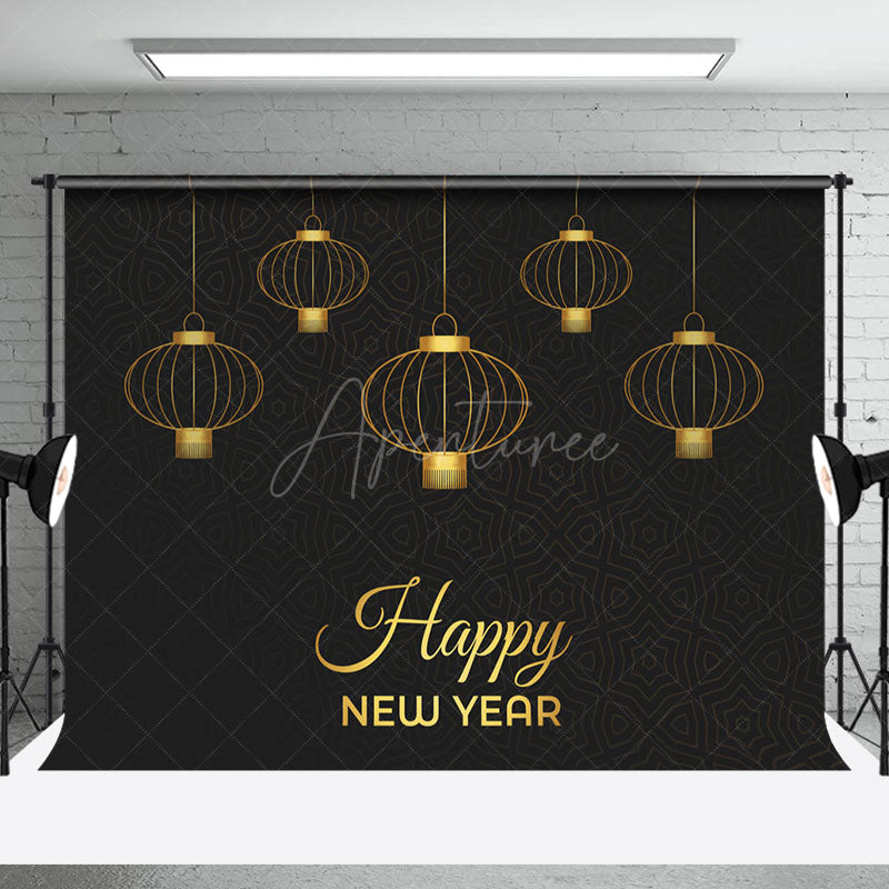 Aperturee - Aperturee Golden Hanging Lantern Black Happy New Year Backdrop