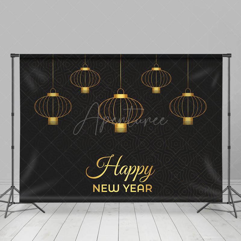 Aperturee - Aperturee Golden Hanging Lantern Black Happy New Year Backdrop