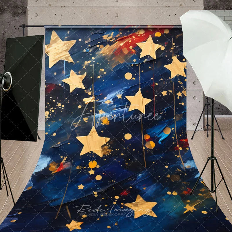 Aperturee - Aperturee Golden Hanging Stars on Navy Blue Sweep Backdrop Celestial Night Party Decor for Kids Artistic Oil Painting Style