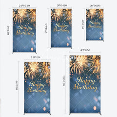 Aperturee - Aperturee Golden Happy Birthday Sparkling Lights Rectangle Arch Backdrop Elegant Blue Bokeh Celebration Party Decor