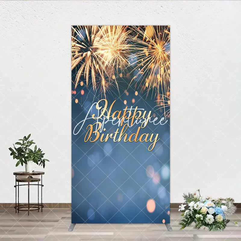 Aperturee - Aperturee Golden Happy Birthday Sparkling Lights Rectangle Arch Backdrop Elegant Blue Bokeh Celebration Party Decor