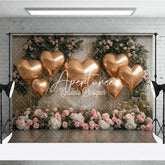 Aperturee - Aperturee Golden Heart Balloons and Pink Roses Floral Photography Backdrop Elegant Wedding Valentine’s Day Party Decor