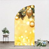 Aperturee - Aperturee Golden Pine Branches with Glitter Ornaments Half Moon Arch Backdrop Warm Bokeh Lights Holiday Party Decor
