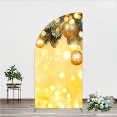Aperturee - Aperturee Golden Pine Branches with Glitter Ornaments Half Moon Arch Backdrop Warm Bokeh Lights Holiday Party Decor