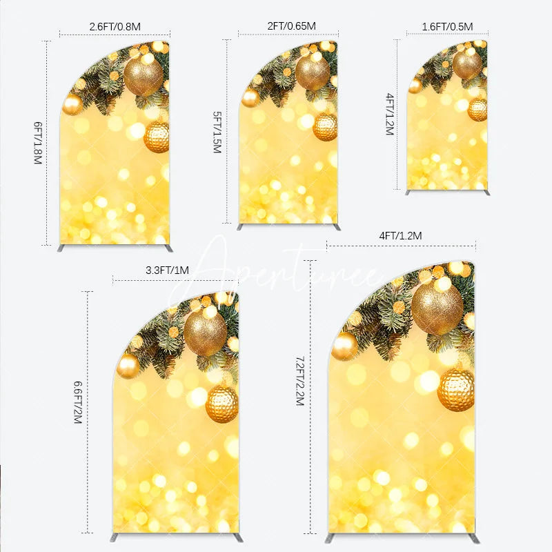 Aperturee - Aperturee Golden Pine Branches with Glitter Ornaments Half Moon Arch Backdrop Warm Bokeh Lights Holiday Party Decor