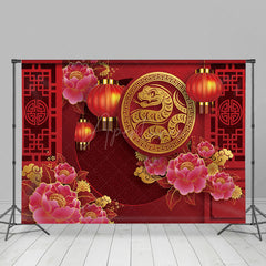 Aperturee - Aperturee Golden Snake Peony Lanterns Red New Year Backdrop