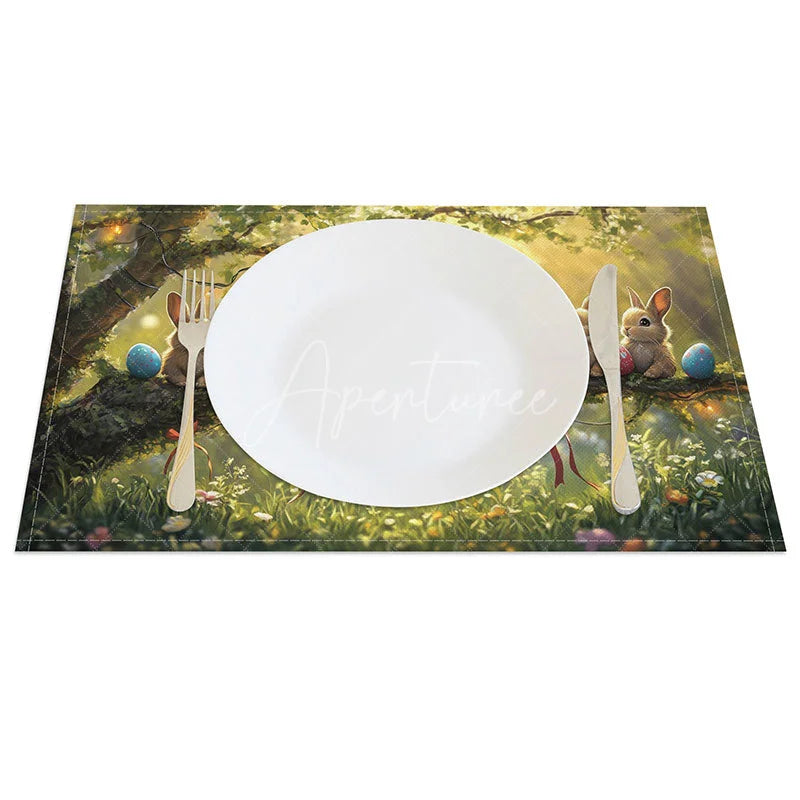 Aperturee - Aperturee Golden Spring Bunny Set of 4 Placemats Rabbits on Branch Sunny Easter Holiday Table Mats Decor