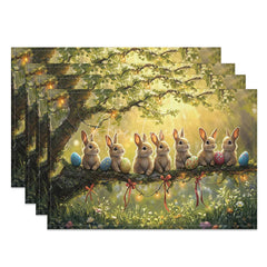 Aperturee - Aperturee Golden Spring Bunny Set of 4 Placemats Rabbits on Branch Sunny Easter Holiday Table Mats Decor