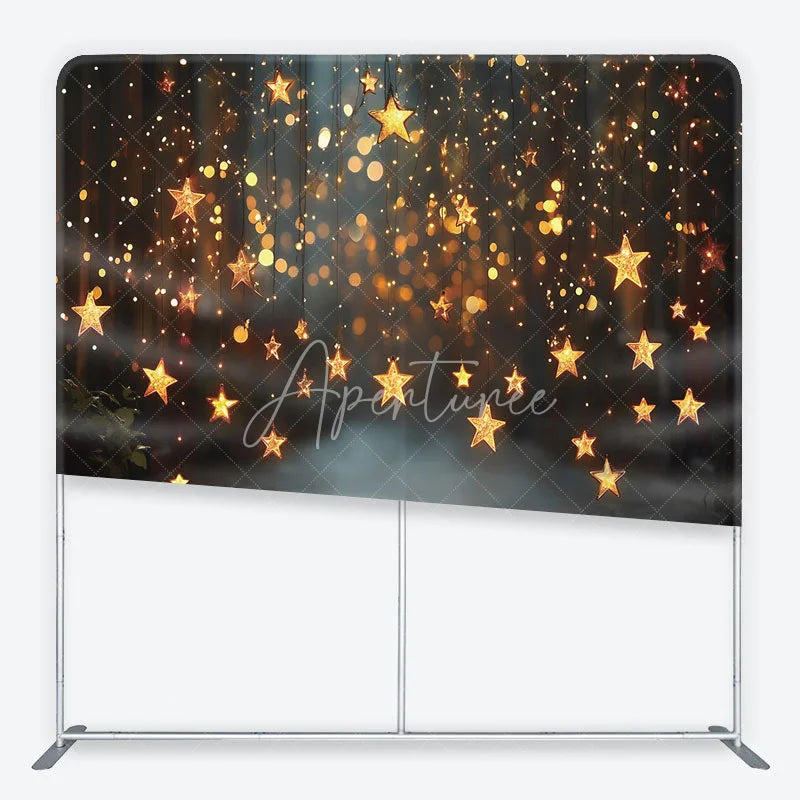 Aperturee - Aperturee Golden Star String Lights and Bokeh Square Double-Sided Backdrop Festive Holiday Party Decor