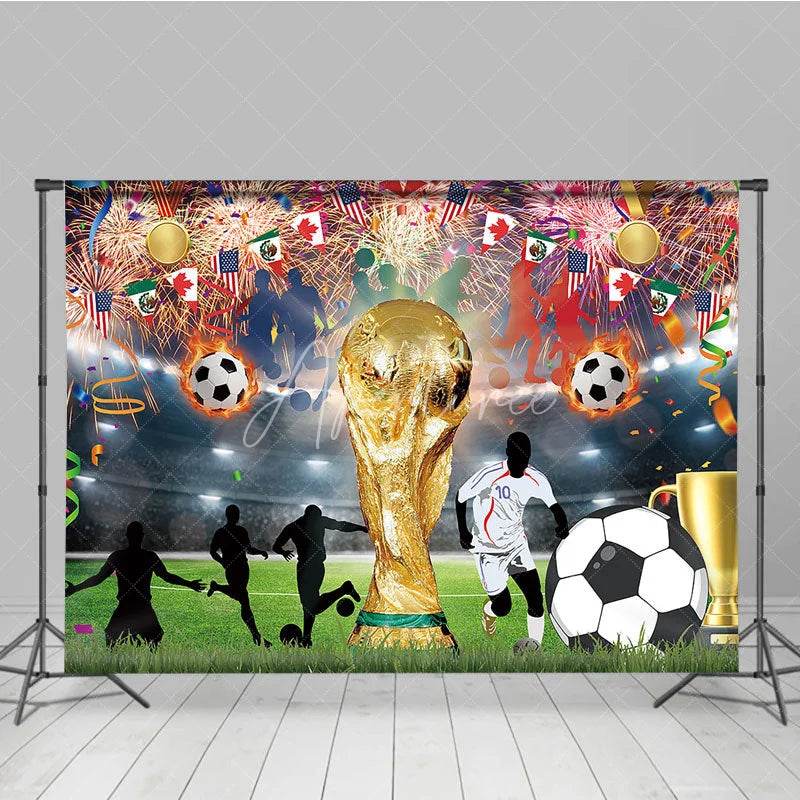 Aperturee - Aperturee Golden Trophy and Football Celebration Holiday Backdrop Festive Sports Party Event Decor