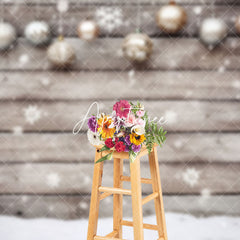 Aperturee - Aperturee Golden White Christmas Ball Snow Warm Wood Backdrop