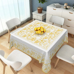 Aperturee - Aperturee Golden Yellow Rose Line Art Rectangle Tablecloth Ornate White Floral Filigree Table Cover
