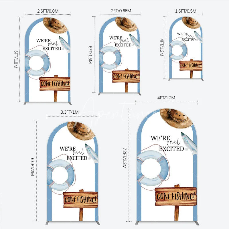 Aperturee - Aperturee Gone Fishing Arch Backdrop Reel Excited Life Ring Rustic Sign Background Boy Baby Shower Arch Cover Decoration