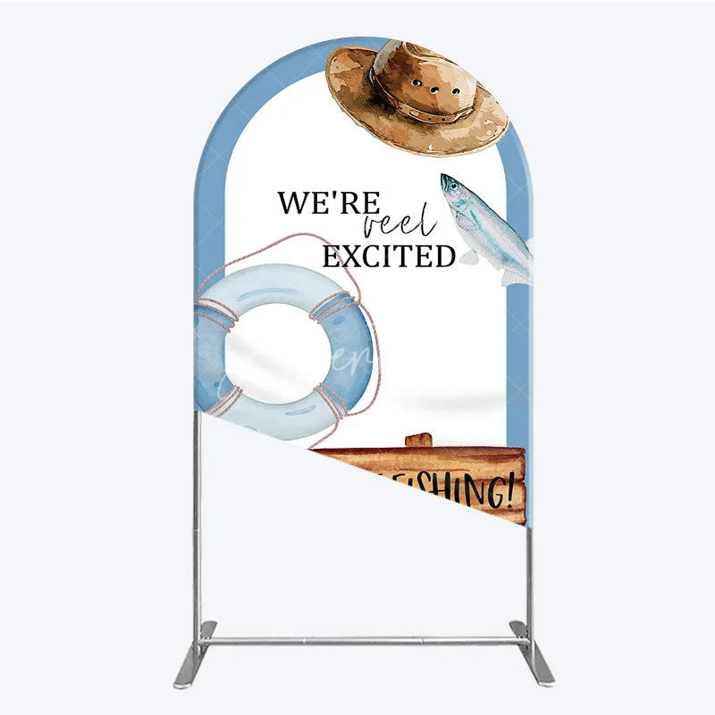 Aperturee - Aperturee Gone Fishing Arch Backdrop Reel Excited Life Ring Rustic Sign Background Boy Baby Shower Arch Cover Decoration