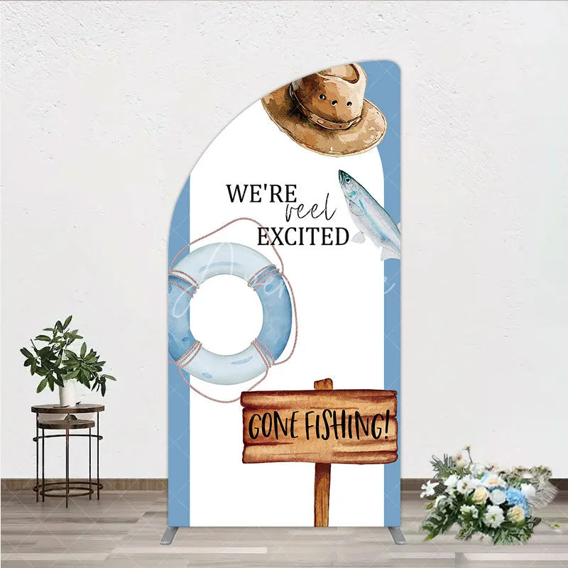 Aperturee - Aperturee Gone Fishing Half Moon Arch Backdrop Reel Excited Life Ring Rustic Sign Background Boy Baby Shower Half Moon Arch