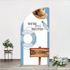 Aperturee - Aperturee Gone Fishing Half Moon Arch Backdrop Reel Excited Life Ring Rustic Sign Background Boy Baby Shower Half Moon Arch
