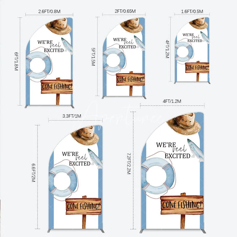 Aperturee - Aperturee Gone Fishing Half Moon Arch Backdrop Reel Excited Life Ring Rustic Sign Background Boy Baby Shower Half Moon Arch