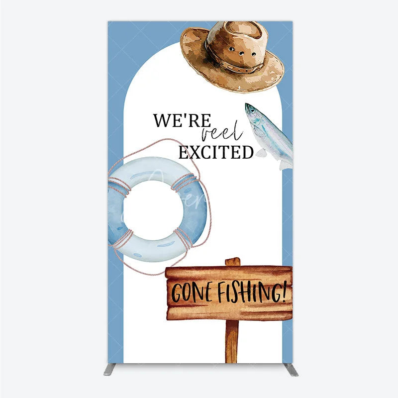 Aperturee - Aperturee Gone Fishing Rectangle Backdrop Reel Excited Life Ring Rustic Sign Background Boy Baby Shower Rectangle Cover