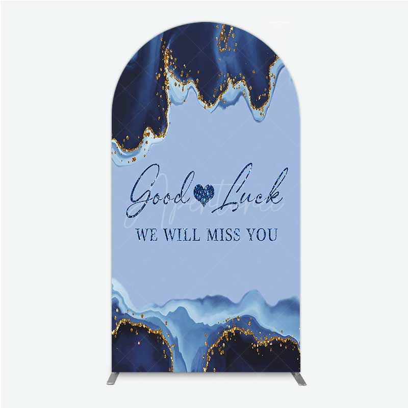 Aperturee - Aperturee Good Luck We Will Miss You Retirement Arch Backdrop Blue and Gold Agate Elegant Farewell Party Decorations