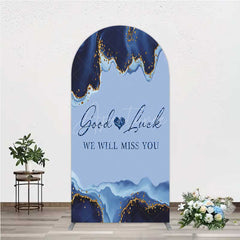 Aperturee - Aperturee Good Luck We Will Miss You Retirement Arch Backdrop Blue and Gold Agate Elegant Farewell Party Decorations