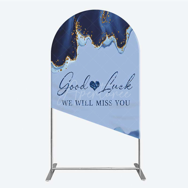 Aperturee - Aperturee Good Luck We Will Miss You Retirement Arch Backdrop Blue and Gold Agate Elegant Farewell Party Decorations
