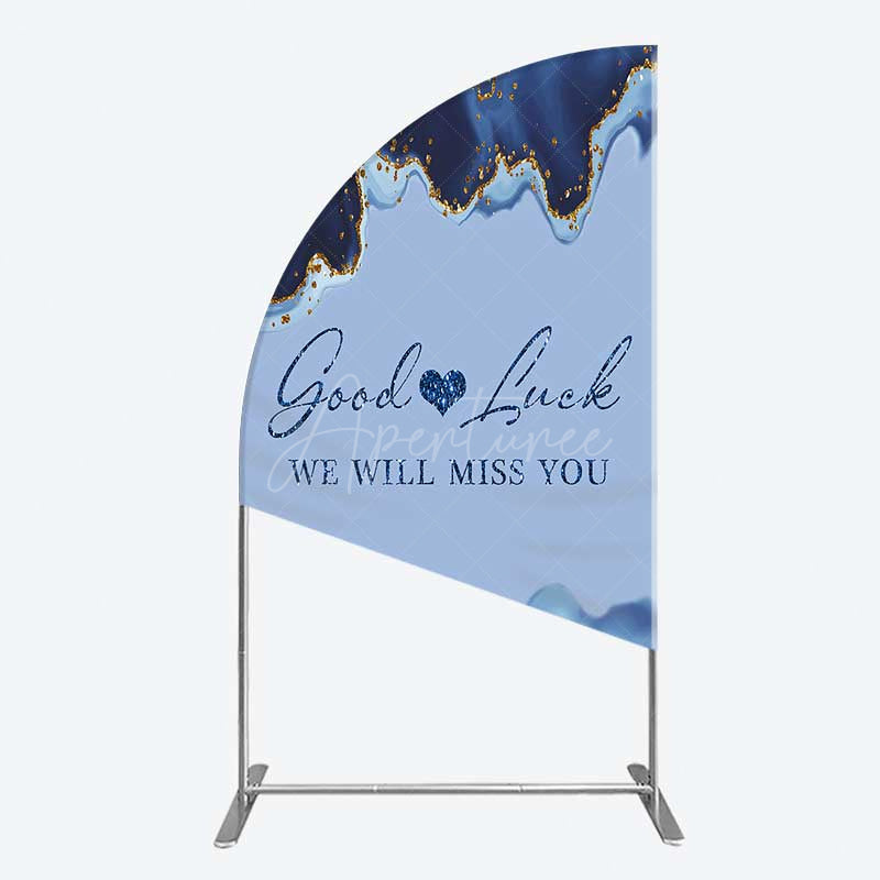 Aperturee - Aperturee Good Luck We Will Miss You Retirement Half Moon Arch Backdrop Blue and Gold Agate Elegant Farewell Party Decorations