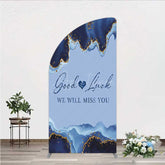 Aperturee - Aperturee Good Luck We Will Miss You Retirement Half Moon Arch Backdrop Blue and Gold Agate Elegant Farewell Party Decorations