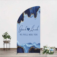 Aperturee - Aperturee Good Luck We Will Miss You Retirement Half Moon Arch Backdrop Blue and Gold Agate Elegant Farewell Party Decorations