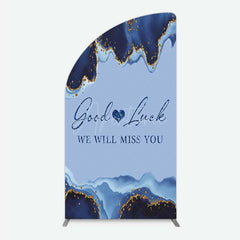 Aperturee - Aperturee Good Luck We Will Miss You Retirement Half Moon Arch Backdrop Blue and Gold Agate Elegant Farewell Party Decorations