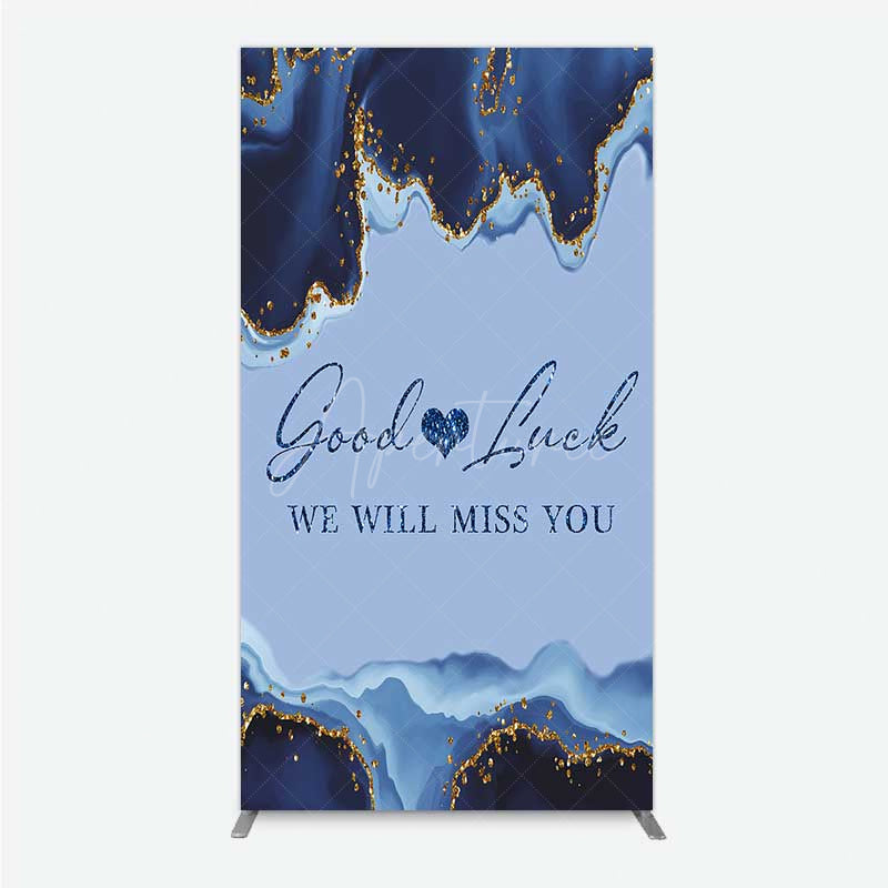 Aperturee - Aperturee Good Luck We Will Miss You Retirement Rectangle Backdrop Blue and Gold Agate Elegant Farewell Party Decorations