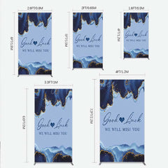 Aperturee - Aperturee Good Luck We Will Miss You Retirement Rectangle Backdrop Blue and Gold Agate Elegant Farewell Party Decorations